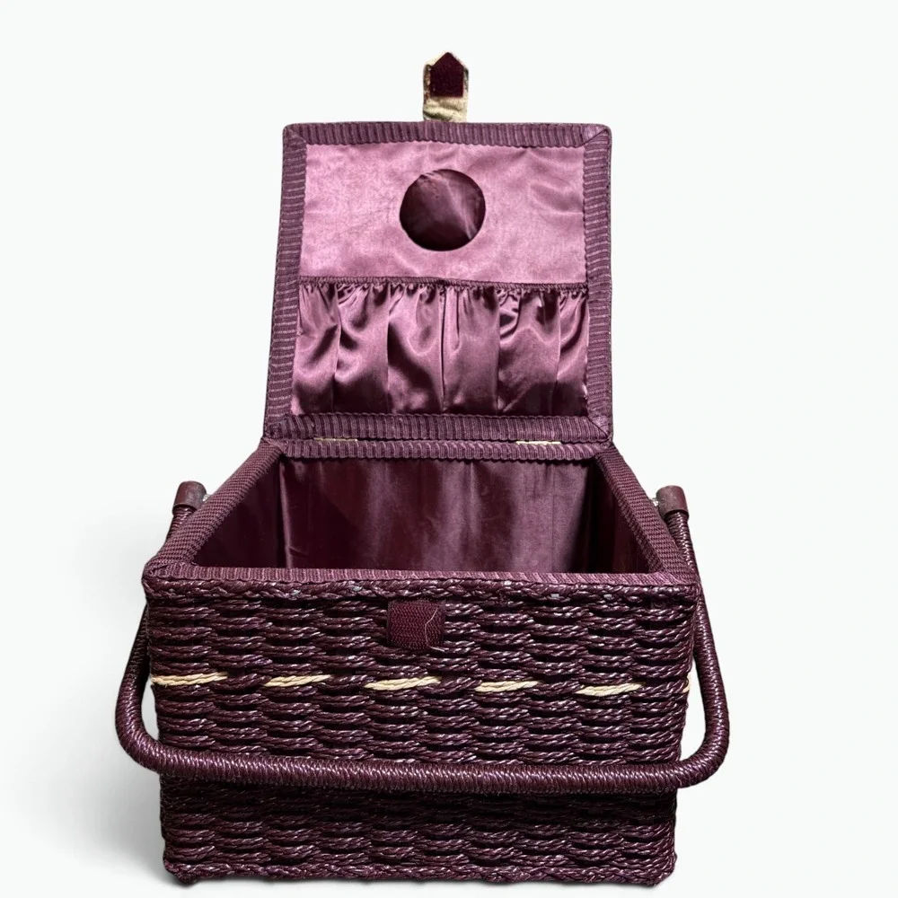 Vintage Plum Wicker Sewing Basket Pineapple Tapestry Lid Cottagecore Organizer